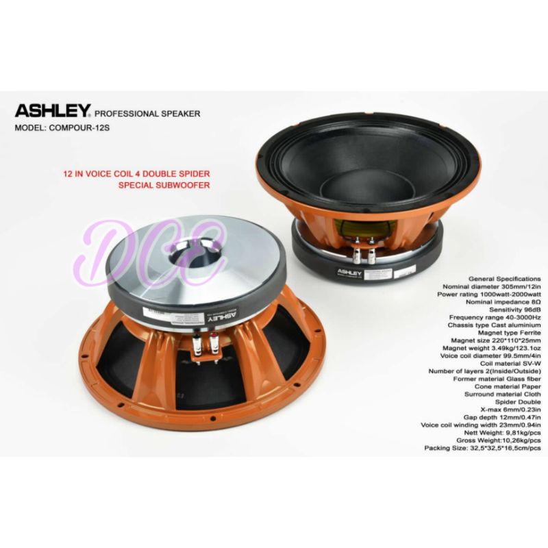 Speaker Komponen ASHLEY COMPOUR12S COMPOUR 12S COMPOUR 12 S Coil 4inch Subwoofer