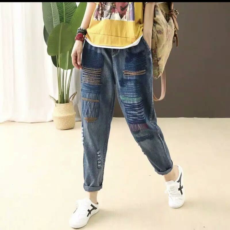 6197 Celana panjang harem jeans wanita import celana panjang jeans denim harem biru cewek import
