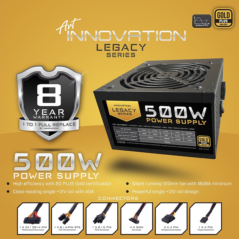 PSU Innovation Legacy 500W 80+ Gold ATX PSU 500 Watt 80 Plus Gold