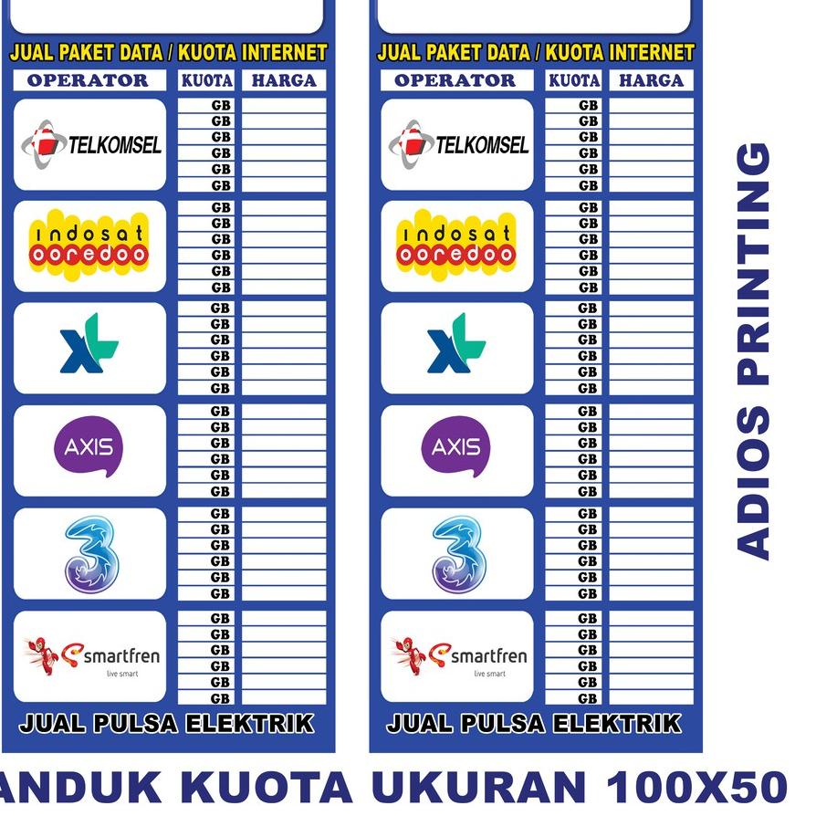 ⅎ Spanduk pulsa Banner Tabel Harga kuota Konter - Bisa Tulis Sendiri 50x100 ➾