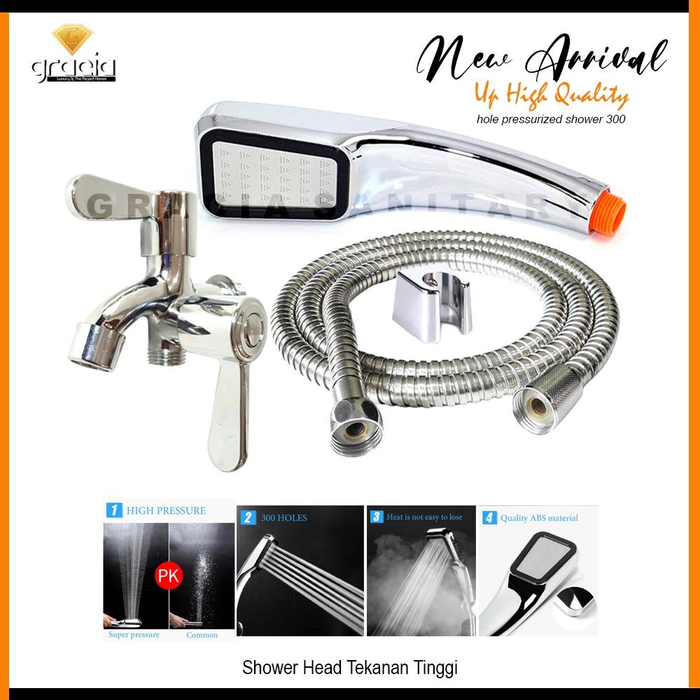 Set Shower Mandi Paket 300 Lubang Tekanan Tinggi Pancuran Aerator Head Filter + Kran Shower