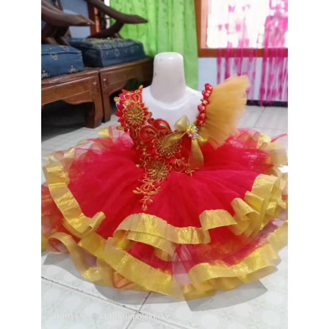 Gaun pesta anak warna merah kombinasi gold