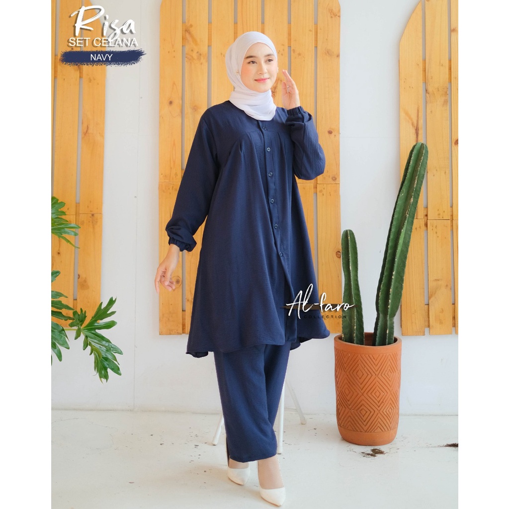 Setelan celana one set ANJANI RISA original by AL FARO atasan celana crinckle terbaru casual shabby limitted setelan wanita busui bumil tunik long kancing kemeja kerja muslim ootd fashion lylac denim army