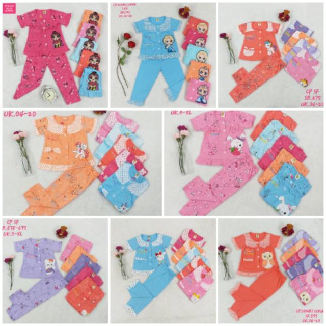 BAJU TIDUR KAOS ANAK PEREMPUAN 1-9 TAHUN MOTIF RANDOM LENGAN PENDEK CELANA PANJANG