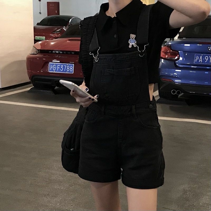 Celana pendek overall denim hitam fashion kecil longgar gaya kuliah lucu keriting pendek hot pants w