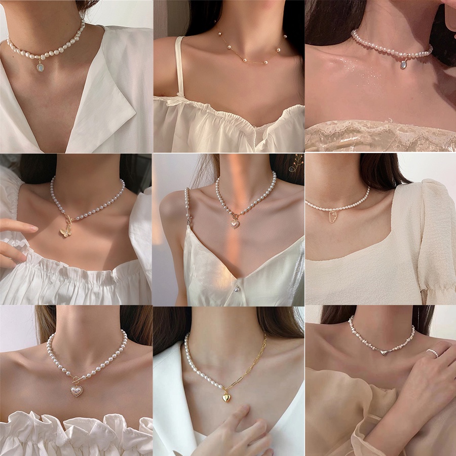 Kalung Rantai Multilayer Dengan Liontin Kupu-Kupu Aksen Mutiara Dan Kristal Untuk Wanita