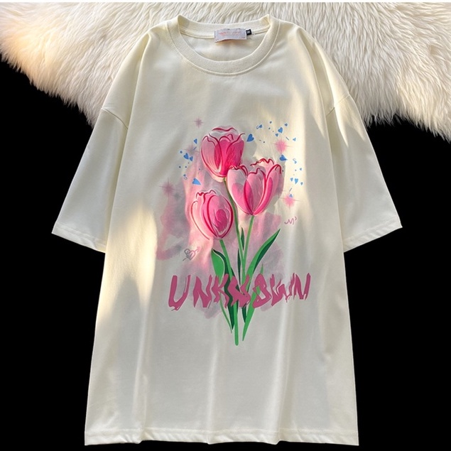 XIAOZHAINV Korean Style Tulip Pattern Washed Printing Kaos Wanita A0220