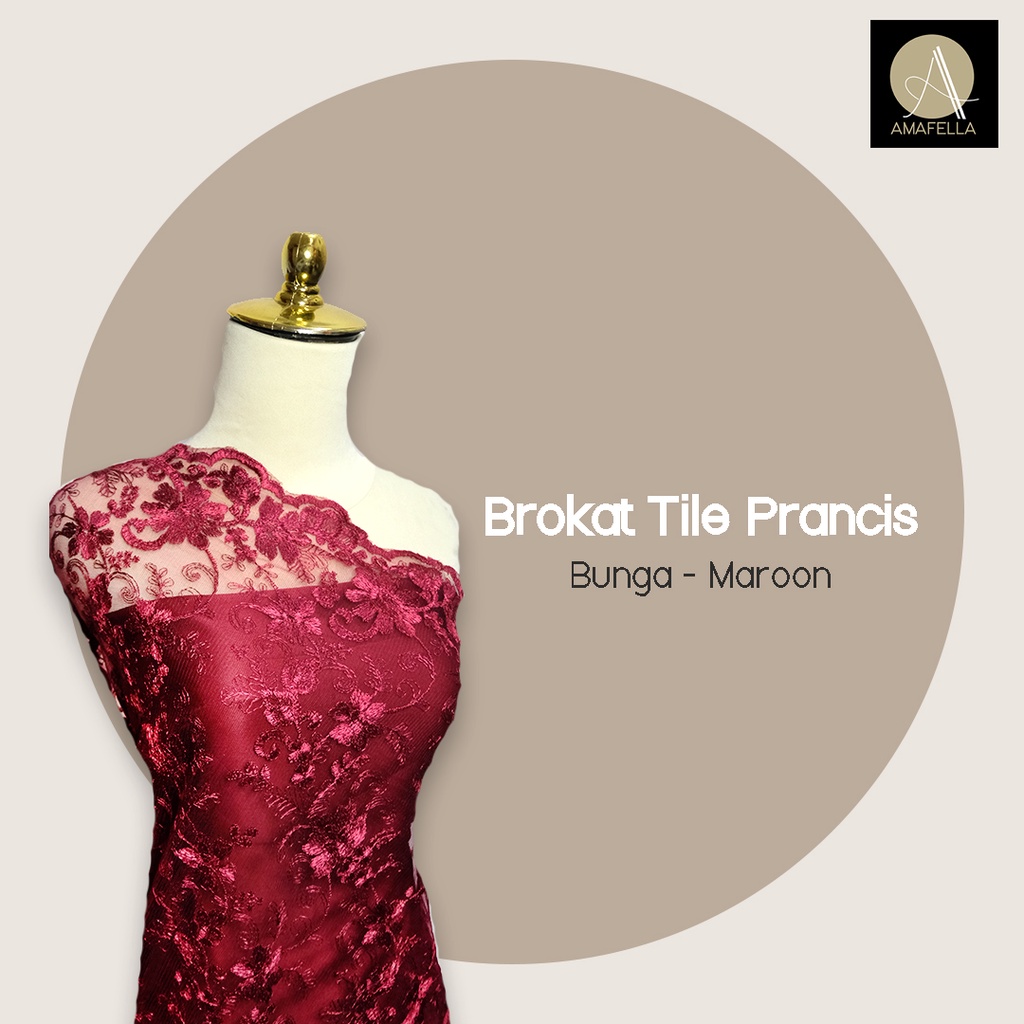 1/2 meter Kain Brokat Tile Prancis Bahan Kebaya Motif Bunga Maroon