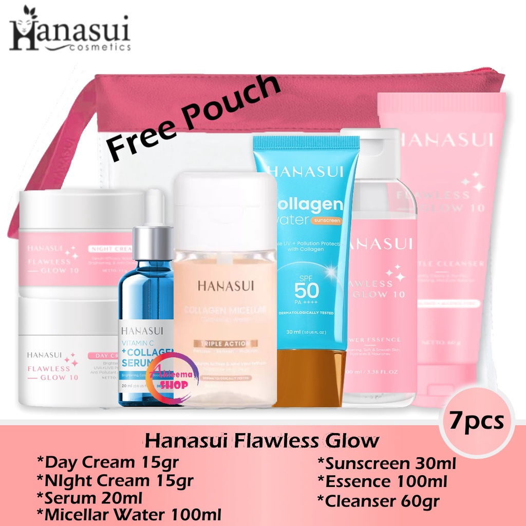 Paket Hanasui Flawless Glow 7pcs (day cream 15gr+night cream 15gr+serum biru 12ml+micellar 100ml+sunscreen 30ml+essence 100ml+cleanser 60gr)