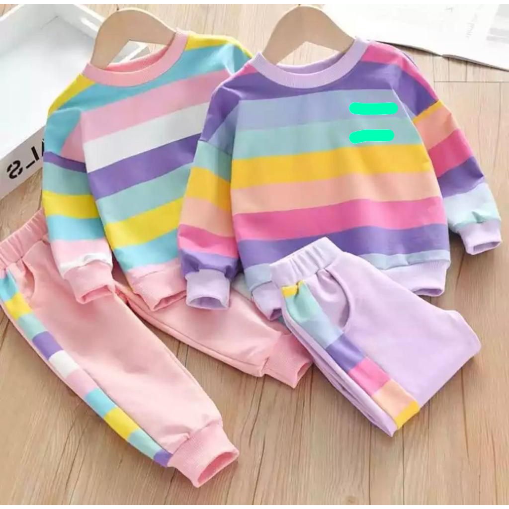 SETELAN ANAK SWATER ANAK TERBARU DAN KEKINIAN SETELAN SWEATER MOTIF PELANGI UMUR 105 TAHUN