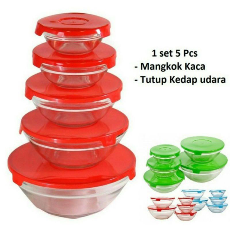 MANGKOK KACA PLUS TUTUP 1 SET ISI 5 VARIAN