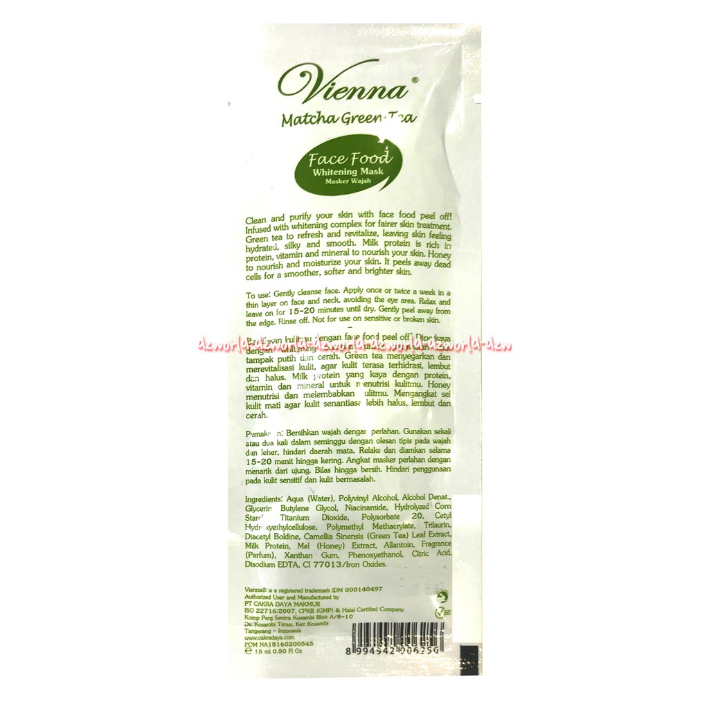 Vienna Face Food Matcha Masker Wajah 15ml tersedia 3 macam varian wewangian