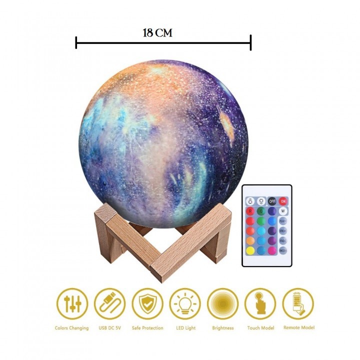 3D Print Colorful Starry Sky Lunar - Lampu Tidur Bentuk Planet - 18 cm