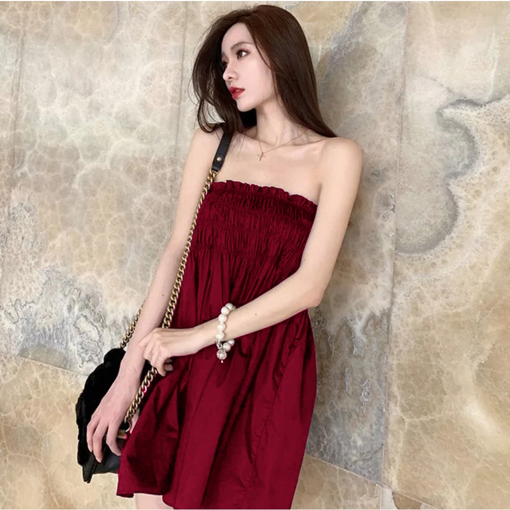 Semi Dress Kerut Tengah Tali Bahu Wanita Bahan Adem 847