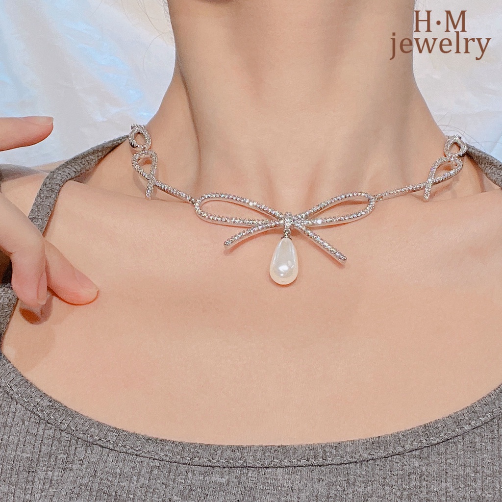 Kalung Choker Pita Kupukupu Hias Mutiara Mewah Untuk Wanita