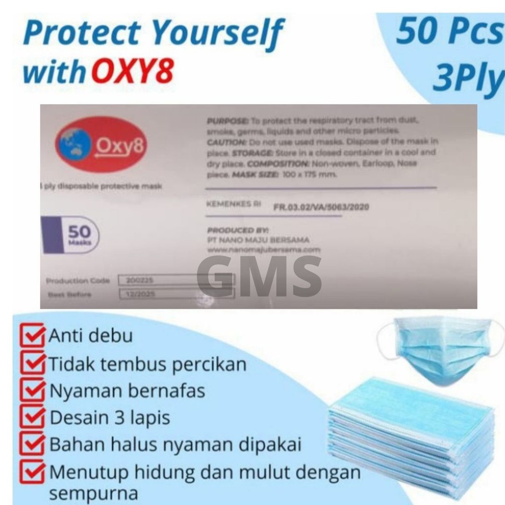 50 PCS MASKER DISPOSABLE BEDAH MEDIS OXY8 RESMI IZIN DEPKES KEMENKES 3 PLY