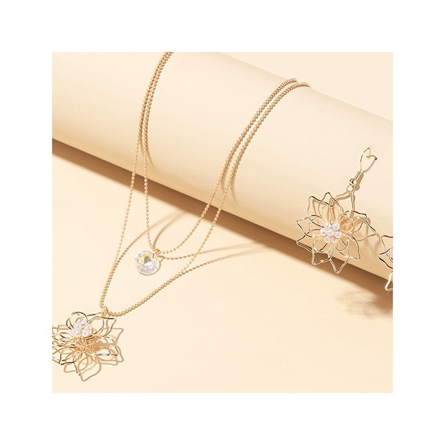 LRC Perhiasaan Set Fashion Gold Color Geometric Flower Diamond Pearl Necklace Earring Set P14850