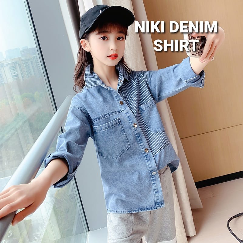 NIKI DENIM SHRIT KEMEJA JEANS ANAK REMAJA PEREMPUAN KOREA IMPOR BAJU ATASAN CASUAL