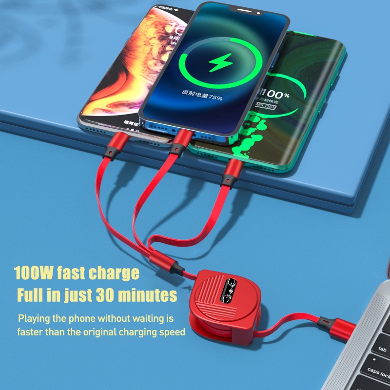 3in1 Kabel Charger Usb Tipe c 6a 100w Fast Charging Retractable Portable Untuk Android