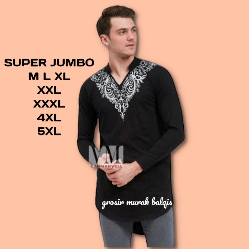 Baju Koko Kurta modern bahan kaos katun warna Hitam big size jumbo xxxl 4xl 5xl Koko Kurta Hitam Pol