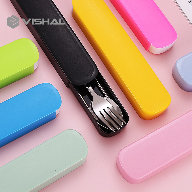 VISHAL 3Pcs Set Makan Sendok Garpu Sumpit/Stainless Steel Spoon Fork Chopsticks Bepergian Peralatan