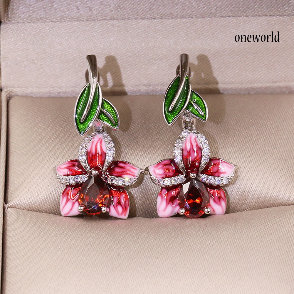 OW@ Fashion Women Enamel Leaf Flower Pendant Rhinestone Inlaid Leverback Earrings