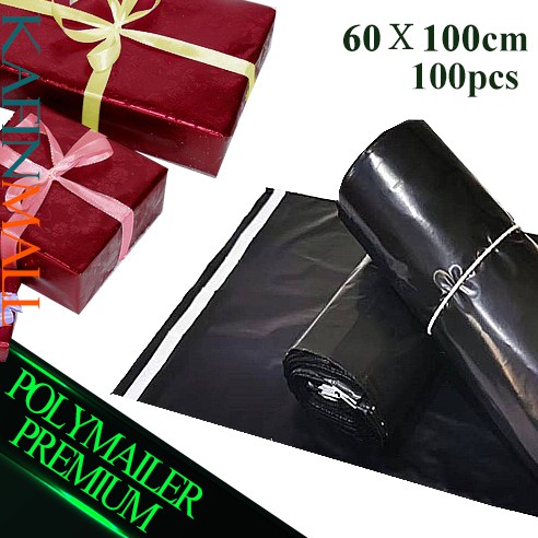 Plastik Packing Olshop PE Polymailer 60x100cm Lem Perekat Isi 100pcs Anti Plong Hitam Glossy Tebal