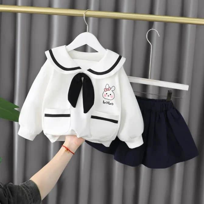 Baju Setelan Rok Hitam Putih Anak Perempuan Impor model Sailor Korean Style ukuran 1-5tahun Lengan P