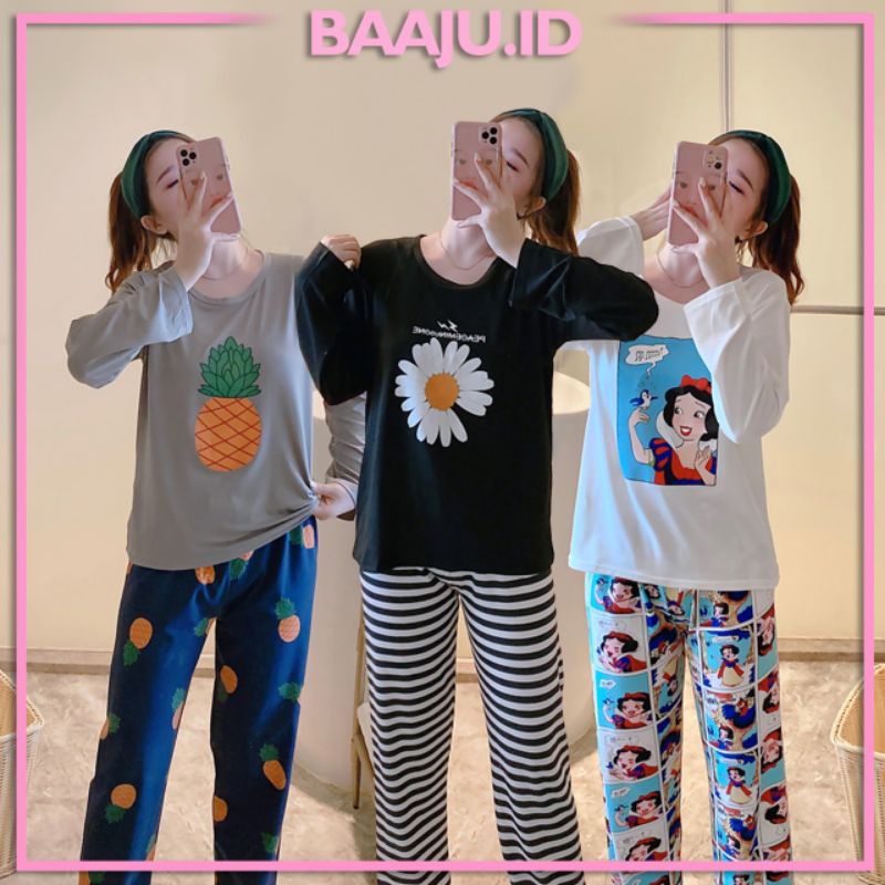 Baaju.id Set Piyama Import Baju Tidur Wanita Lengan Panjang Celana Panjang Motif Kartun Lucu KR1008