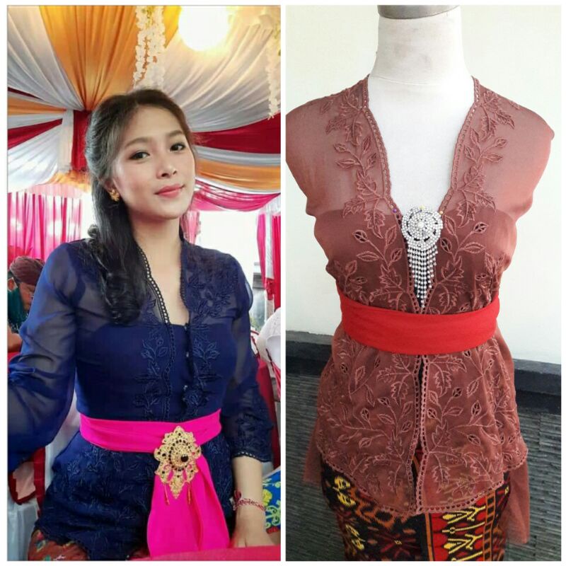 kain bordir motif daun bahan yoryu warna gula merah / kebaya bordir bali / kebaya bordir kilau