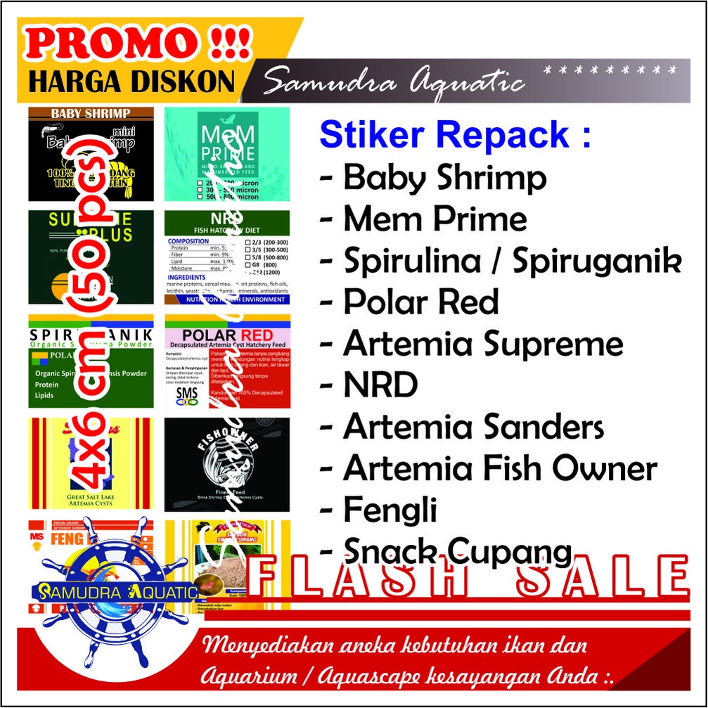 Stiker Kemasan Repack 4x6 (Mem Prime, Artemia Supreme, Fish Owner, NRD, Polar Red, Spirulina, Baby Shrimp, Fengli)