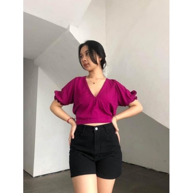 Top Crop V Kerut/Atasan Crop Top/Atasan Wanita Rayon