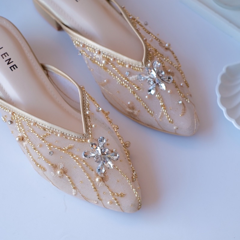 𝗖𝗘𝗟𝗟𝗘𝗡𝗘 Sandrea Beads Heels Gold / wedding shoes sepatu pengantin payet 3cm