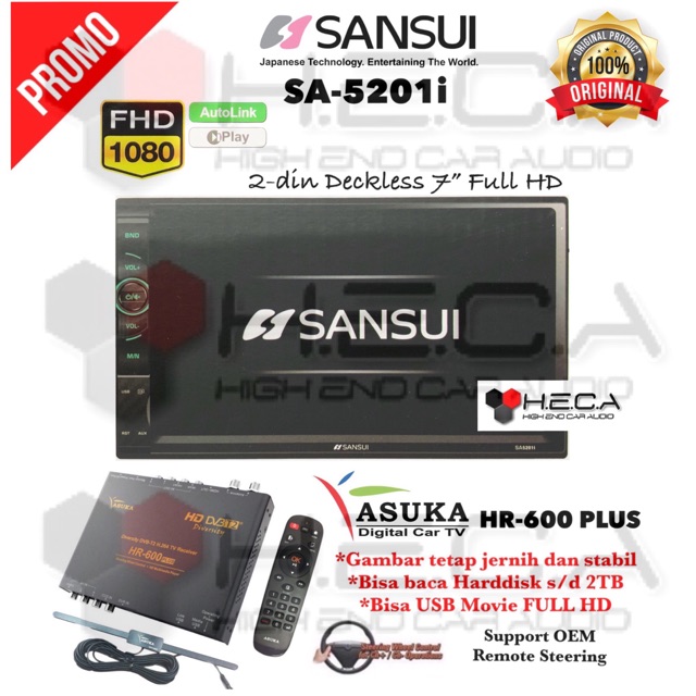 SANSUI SA-5201i Deckless Head Unit Tape Double din Audio Mobil & TV Tuner Digital ASUKA HR-600 PLUS