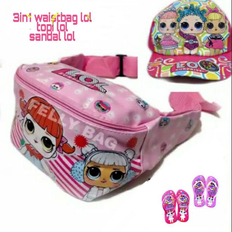 3in1 waistbag anak lol+topi lol+sandal lol