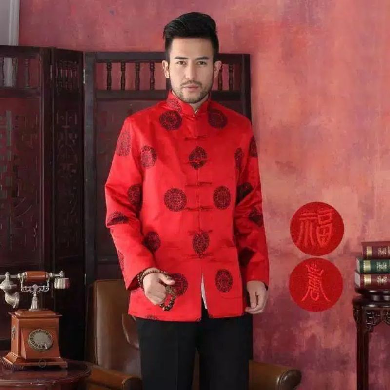 Cheongsam Pria Lengan Panjang Semi Sutera Import