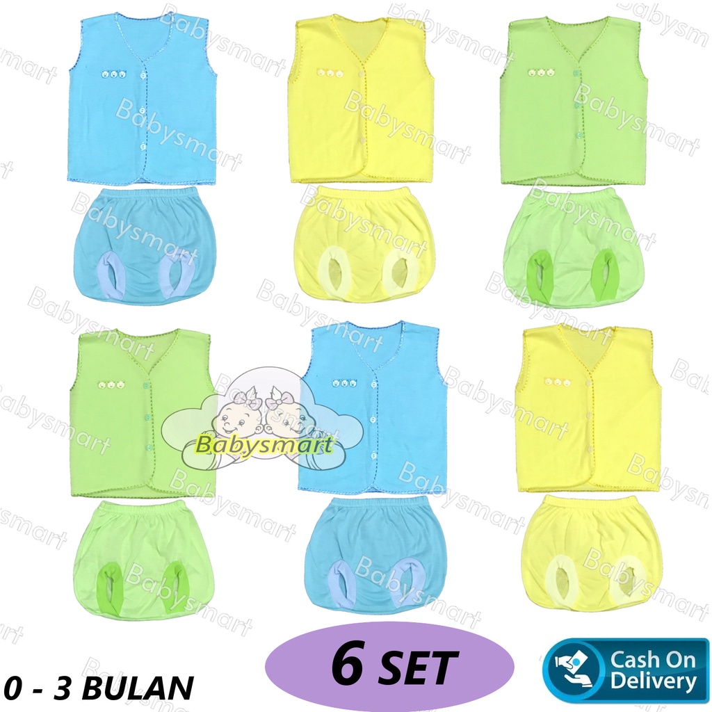 Babysmart - 6 SET Setelan Baju Bayi Kutung+Celana Kacamata Polos WARNA umur 0-3 bulan/baju anak laki-laki/perempuan BOY/GIRL