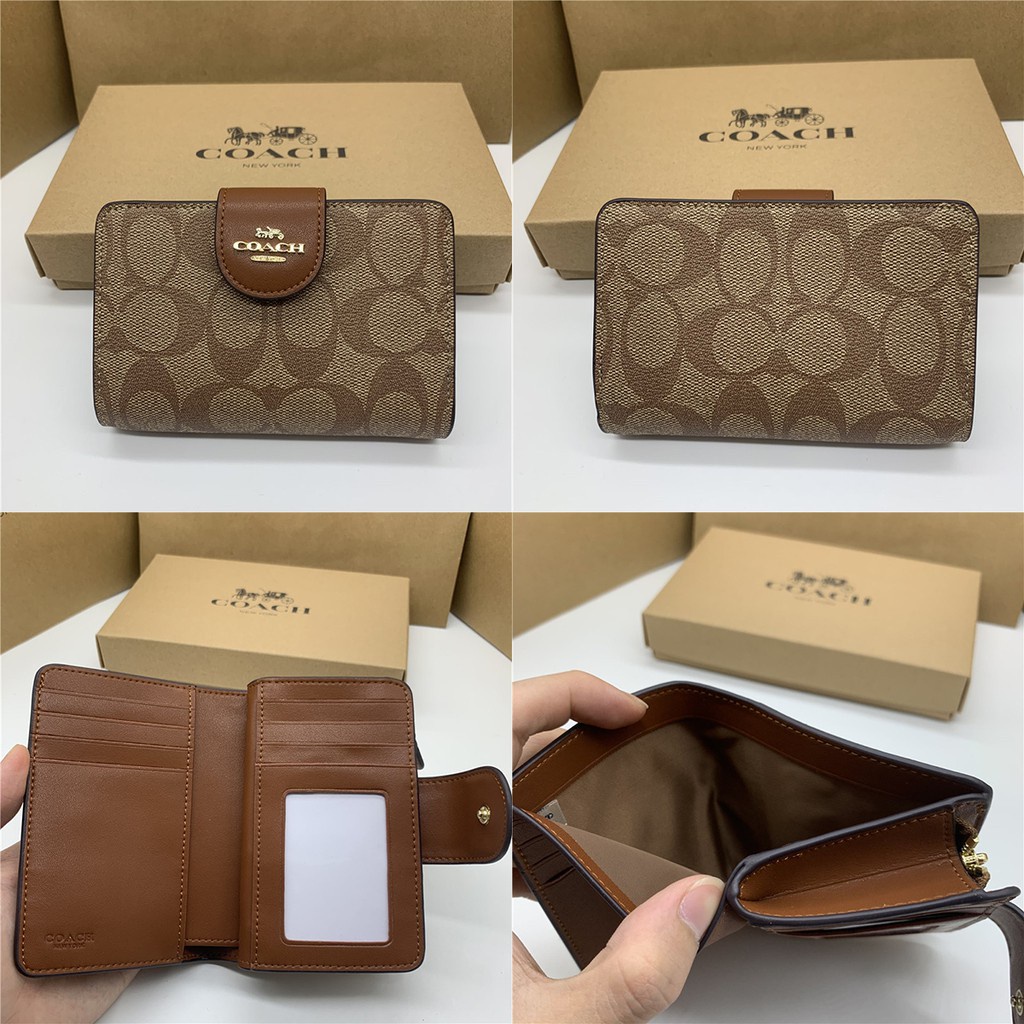 dompet wanita lipat COACH C0082 canvas signature new ladies medium wallet multi-card card holder, coin purse New Style MEDIUM CORNER ZIP WALLET IN SIGNATURE CANVAS