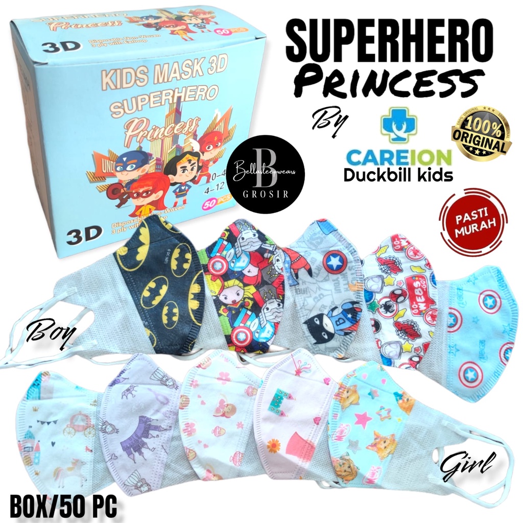 CAREION DUCKBILL ANAK SUPERHERO PRINCESS MOTIF BOX 50 PC - MASKER DUCKBILL KIDS CHILD 3PLY CAREION KEMENKES