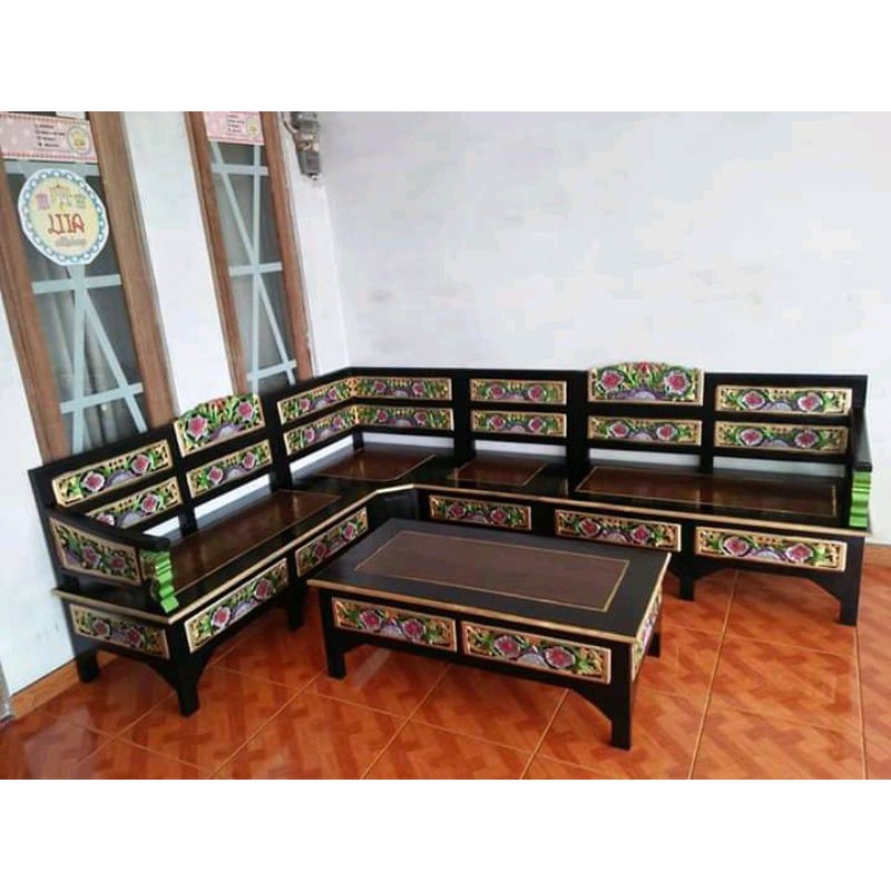 Kursi tamu sudut/leter L bahan kayu jati finishing bakar