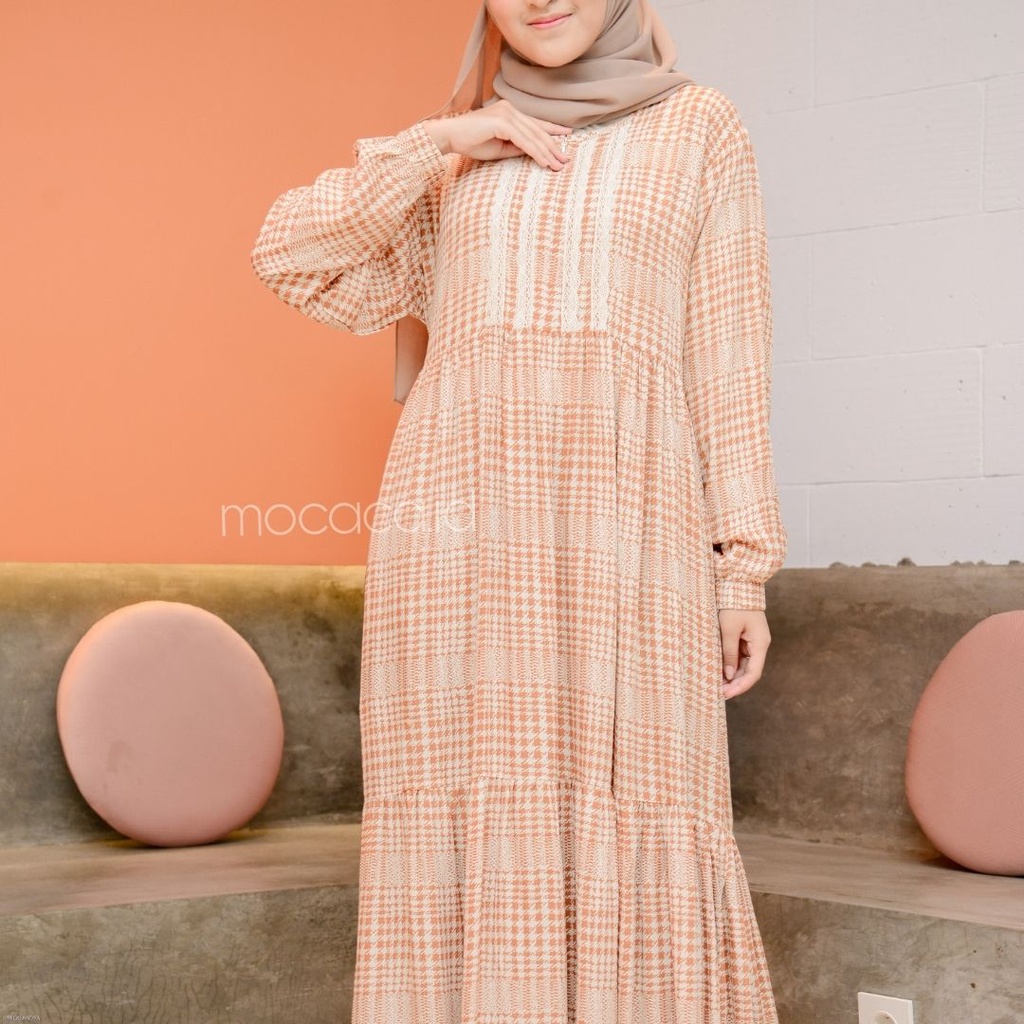 dress ootd hijab rayon motif premium renda dan sleting busui friendly lengan kerut kotak legend