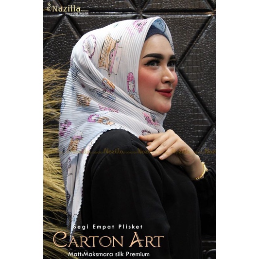 Jilbab Segi Empat Motif Plisket Polycatton Ori Nazilla-Cartoon Blue