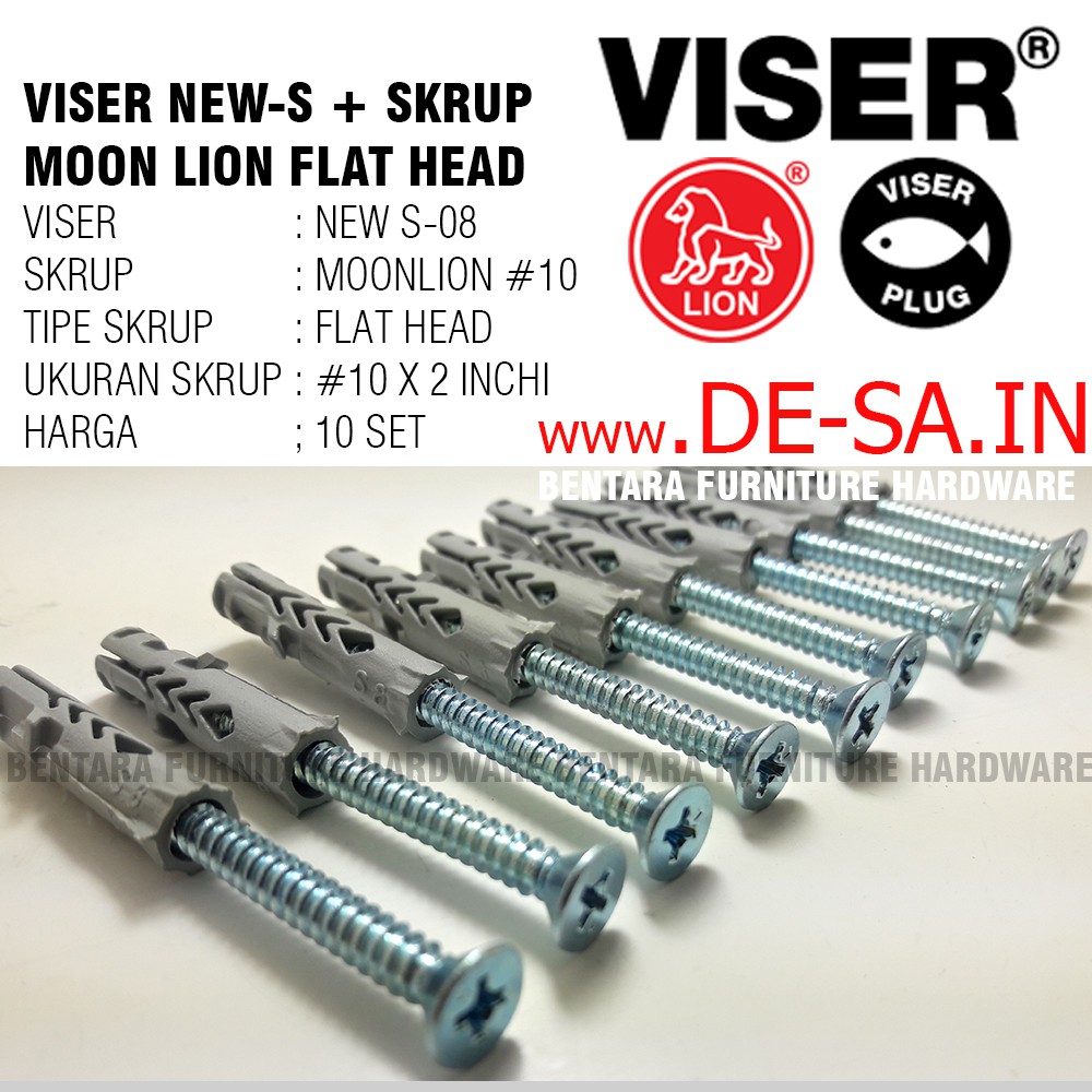 10 x Viser New-S8 + Screw Flat Head Moon Lion #10 x 2&quot; - Skrup Angkur Dinding Tembok