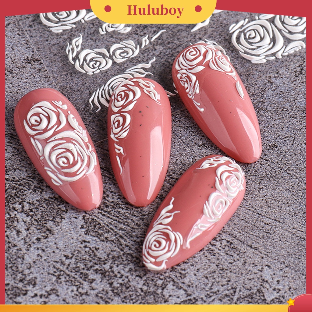 Huluboy Huluboy♡ Stiker Kuku Desain Bunga Timbul 5D Warna Putih Untuk Manicure