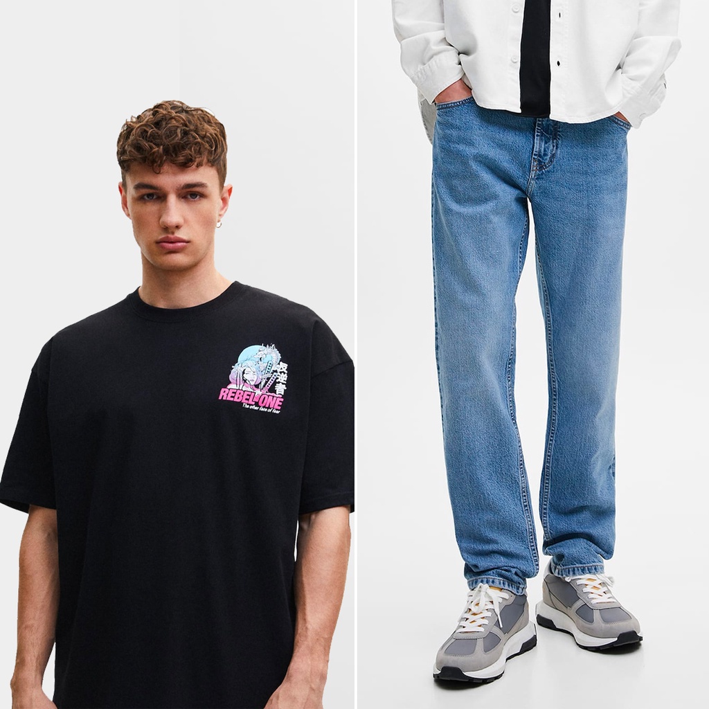 [Backup New Bundling] Black T-Shirt with Contrast Illustration X  Straight Jeans Comfort Fit Light B