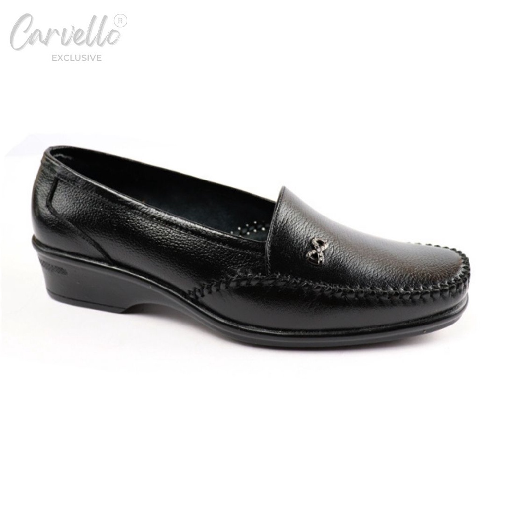 Sepatu Pantofel Wanita Kantor Flat Shoes CARVELLO 1205 Hitam Kulit Asli