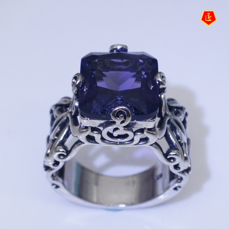 [Ready Stock]Hollow Flower Rhinestone Purple Crystal Silver Ring Elegant Retro