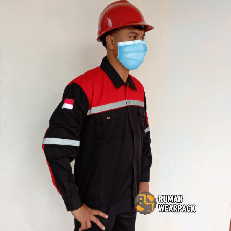 Baju Kerja/ Wearpack Proyek/ Seragam Kerja Lengan Panjang Atasan Hitam Merah