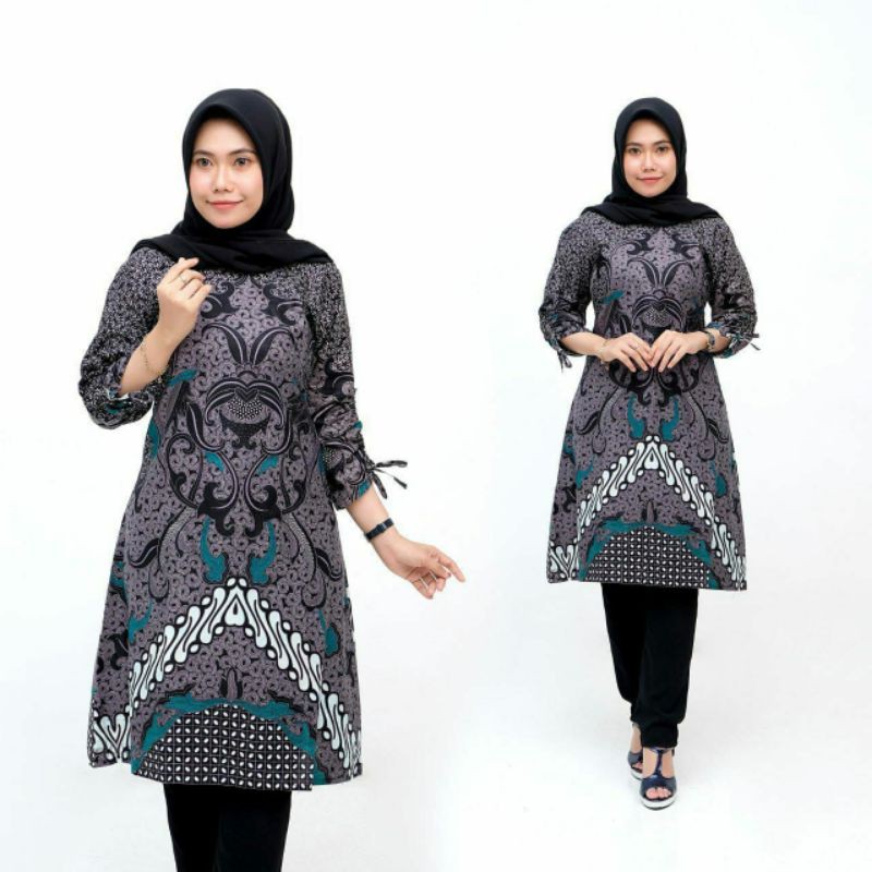 READY COUPLE TUNIK BATIK MOTIF DIMENSI ABU  M L XL XXL