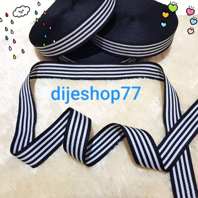 Pita list salur hitam putih 2,5 cm - ROLL / pita kain tebal motif salur garis 2,5cm / twill webbing 